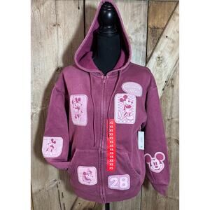 NWT Disney Mickey Friends Multi-Patch Full Zip Hoodie Women's XS Red Distressed